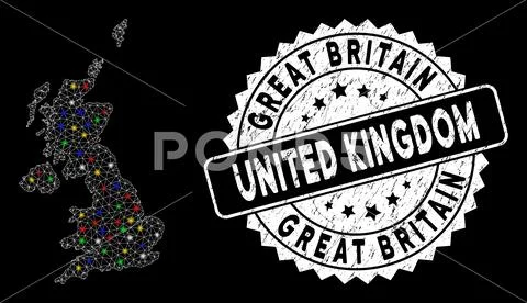 Bright Mesh Carcass United Kingdom Map with Flare Spots and Scratched Seal Stock Illustration