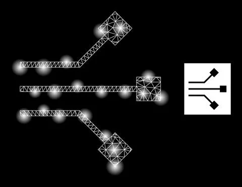 Bright Mesh Circuit Nodes Icon with Glare Lightspots Stock Illustration
