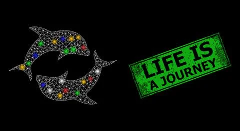 Bright mesh net dolphin pair with colored flash nodes, and grunge Life Is a J Stock Illustration
