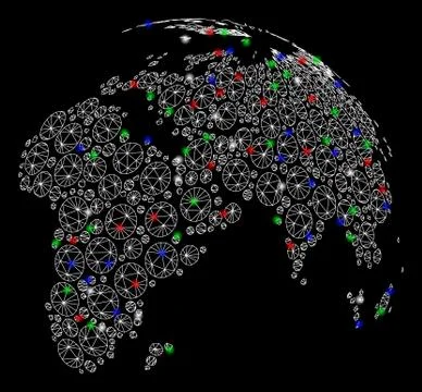 Bright Mesh Network Abstract Globe with Dotted Continents with Flare Spots Illustrazione stock