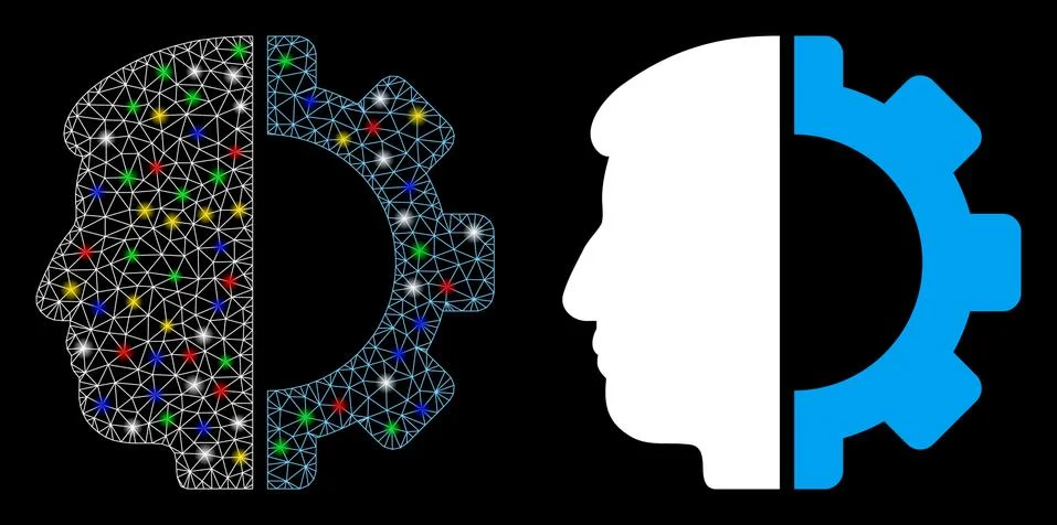 Bright Mesh Network Android Head Icon with Flash Spots 스톡 일러스트