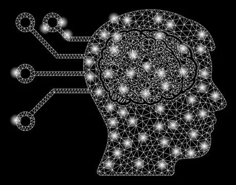 Bright Mesh Network Brain Computer Connection with Flash Spots Illustrazione stock