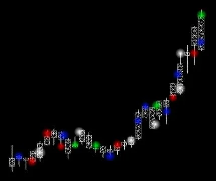 Bright Mesh Network Candlestick Chart Growth Acceleration with Flare Spots Stock Illustration