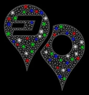 Bright Mesh Network Dashcoin Map Pointers with Light Spots Illustrazione stock