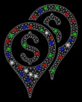 Bright Mesh Network Financial Map Pointers with Flare Spots Illustrazione stock