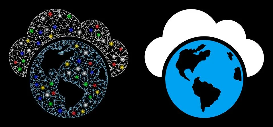 Bright Mesh Network Globe Icon with Light Spots Stock Illustration