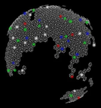 Bright Mesh Network Hexagon Earth Abstract Globe with Light Spots Stock Illustration