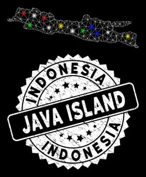Bright Mesh Network Java Island Map with Flare Spots and Rubber Watermark Stockillustratie