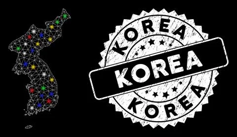 Bright Mesh Network Korea Map with Light Spots and Grungy Stamp Stock Illustration