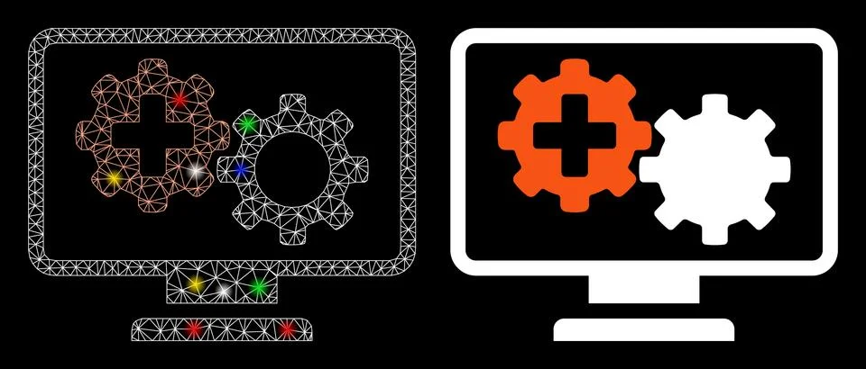 Bright Mesh Network Medical Process Gears Monitoring Icon with Flash Spots Stock Illustration