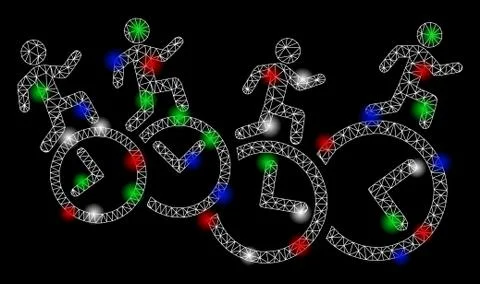 Bright Mesh Network Men Running Over Clocks with Flash Spots Ilustração Stock