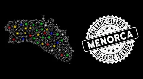 Bright Mesh Network Menorca Island Map with Flare Spots and Rubber Stamp Seal Illustrazione stock