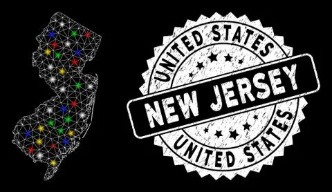 Bright Mesh Network New Jersey State Map with Flare Spots and Rubber Stamp Stock Illustration