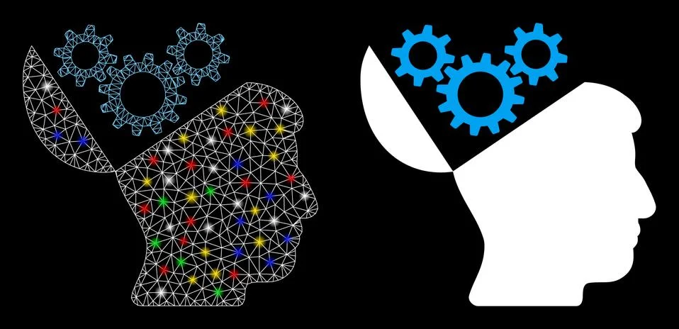 Bright Mesh Network Open Mind Gears Icon with Flare Spots Stock Illustration