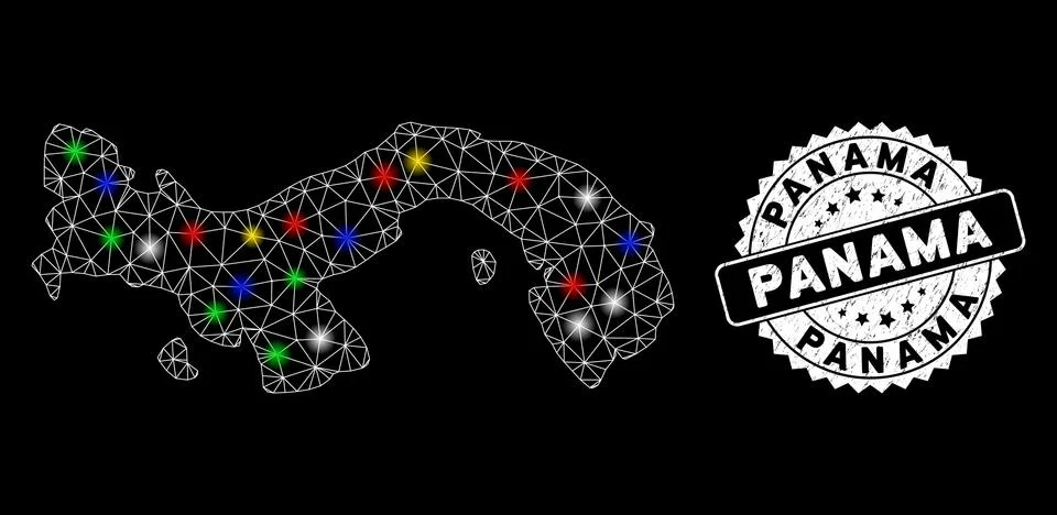 Bright Mesh Network Panama Map with Flash Spots and Rubber Stamp Seal Stock Illustration