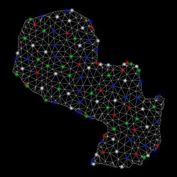 Bright Mesh Network Paraguay Map with Light Spots Ilustración de archivo
