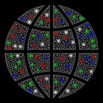Bright Mesh Network Planet Globe with Flash Spots Illustrazione stock
