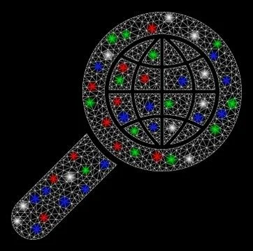 Bright Mesh Network Search Globe Place with Light Spots Illustrazione stock