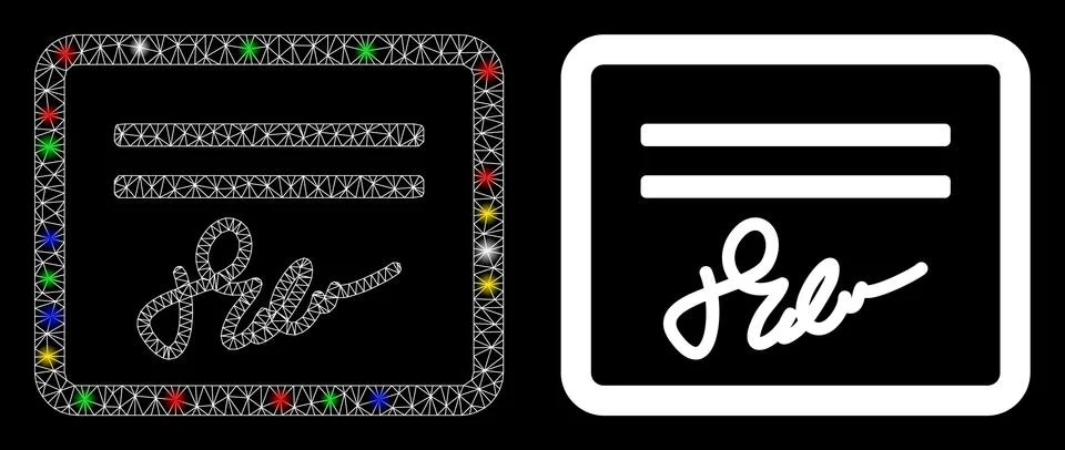 Bright Mesh Network Signed Cheque Icon with Flash Spots 스톡 일러스트
