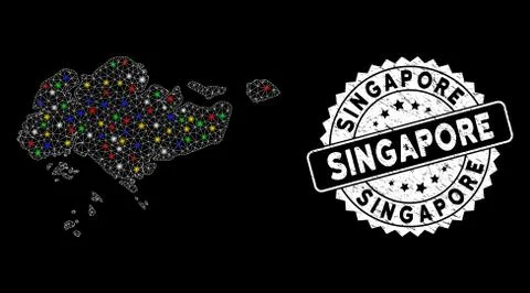 Bright Mesh Network Singapore Map with Flash Spots and Grunge Watermark Stock Illustration
