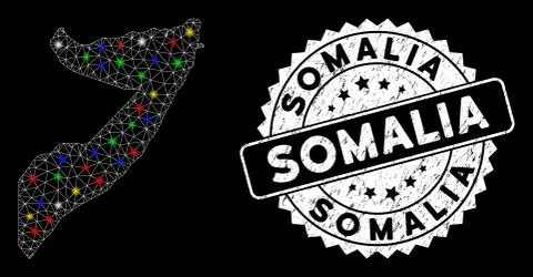 Bright Mesh Network Somalia Map with Flash Spots and Scratched Stamp Seal Stock Illustration