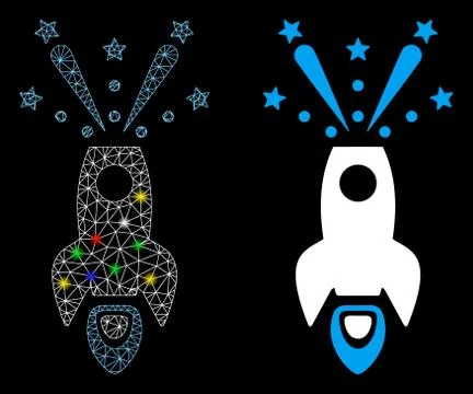 Bright Mesh Network Space Rocket Boom Icon with Light Spots Illustrazione stock