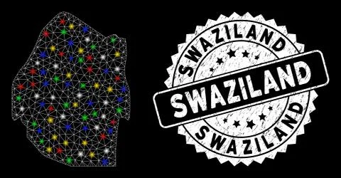 Bright Mesh Network Swaziland Map with Flash Spots and Rubber Stamp Stock Illustration