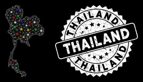 Bright Mesh Network Thailand Map with Flash Spots and Scratched Stamp Illustrazione stock