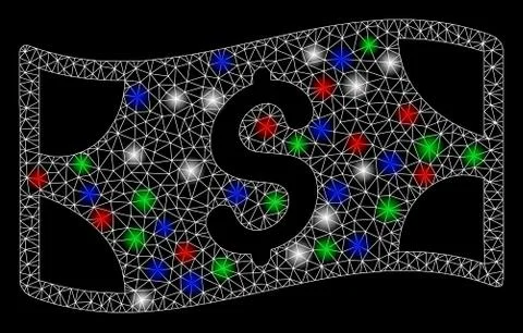 Bright Mesh Network Waving Dollar Banknote with Flash Spots Illustrazione stock