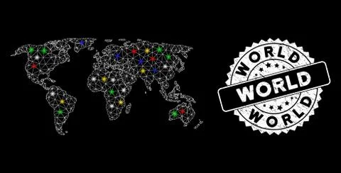 Bright Mesh Network World Map with Light Spots and Scratched Stamp Stock-Illustration