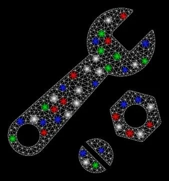 Bright Mesh Network Wrench and Nuts with Flash Spots Stock Illustration