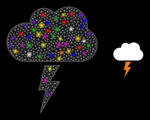 Bright Mesh Thunderstorm Cloud Icon with Glare Colorful Light Spots Illustrazione stock