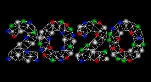 Bright Mesh Wire Frame 2020 Digits Text with Flare Spots 스톡 일러스트