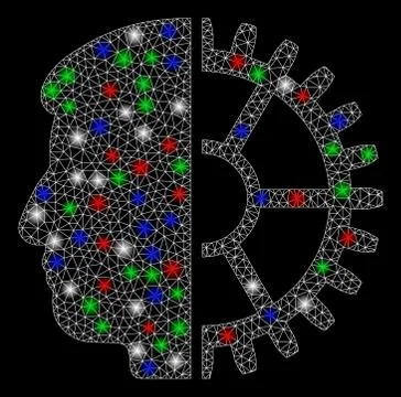 Bright Mesh Wire Frame Android Head with Light Spots Illustrazione stock