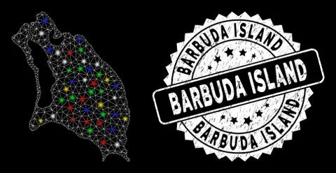 Bright Mesh Wire Frame Barbuda Island Map with Light Spots and Grunge Stamp Illustrazione stock