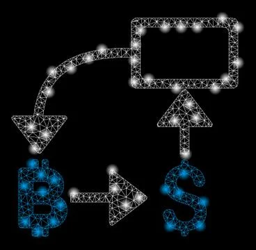 Bright Mesh Wire Frame Bitcoin Dollar Flow Chart with Flare Spots Stock Illustration