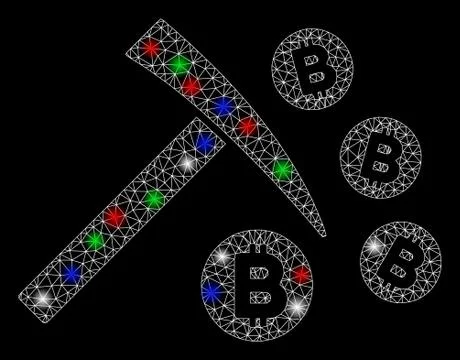 Bright Mesh Wire Frame Bitcoin Mining Hammer with Light Spots Stock Illustration