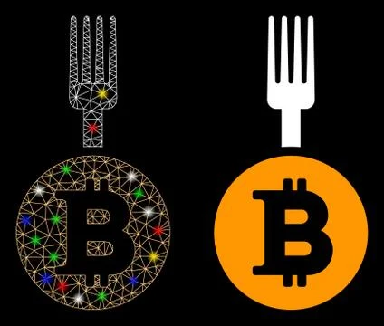Bright Mesh Wire Frame Bitcoin Fork Icon with Light Spots イラスト素材