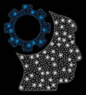 Bright Mesh Wire Frame Brain Gear with Light Spots Illustrazione stock