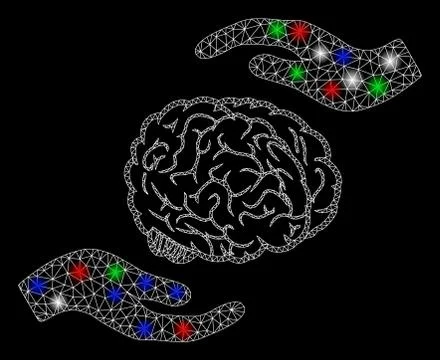 Bright Mesh Wire Frame Brain Care Hands with Flare Spots Stock Illustration