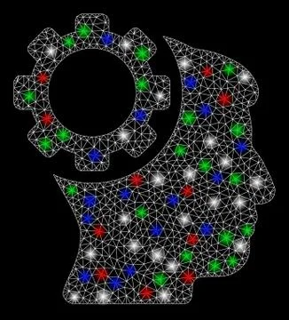 Bright Mesh Wire Frame Brain Gear with Flash Spots Stock Illustration