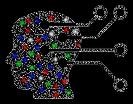 Bright Mesh Wire Frame Brain Interface Circuit with Flare Spots 스톡 일러스트