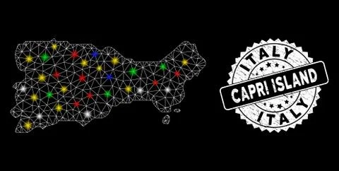 Bright Mesh Wire Frame Capri Island Map with Light Spots and Scratched Seal Stock Illustration