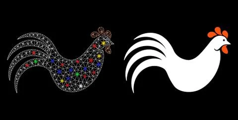 Bright Mesh Wire Frame Chicken Icon with Flash Spots Stock Illustration