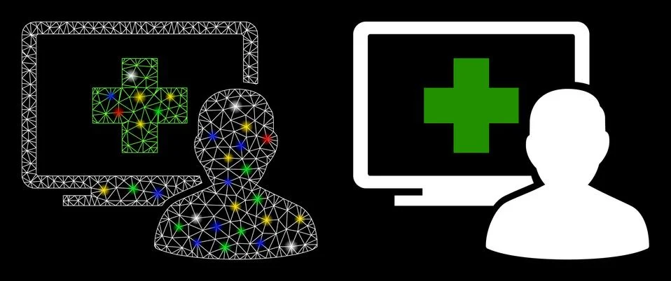 Bright Mesh Wire Frame Computer Doctor Icon with Flash Spots Stock Illustration