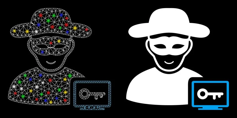 Bright Mesh Wire Frame Computer Hacker Icon with Light Spots Stock Illustration