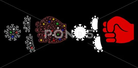 Bright Mesh Wire Frame Coronavirus Fist Strike with Color Flash Spots Stock Illustration