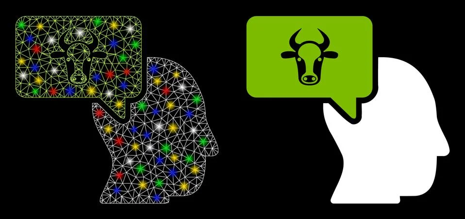 Bright Mesh Wire Frame Cow Thinking Person Icon with Flare Spots Stock Illustration