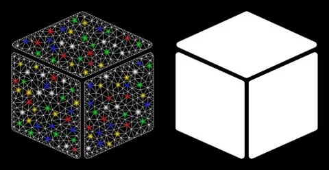 Bright Mesh Wire Frame Cube Icon with Flare Spots Stockillustratie