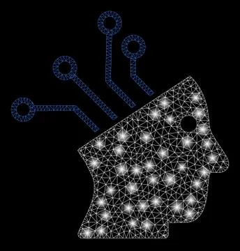 Bright Mesh Wire Frame Cyborg Brain Circuit with Light Spots 스톡 일러스트
